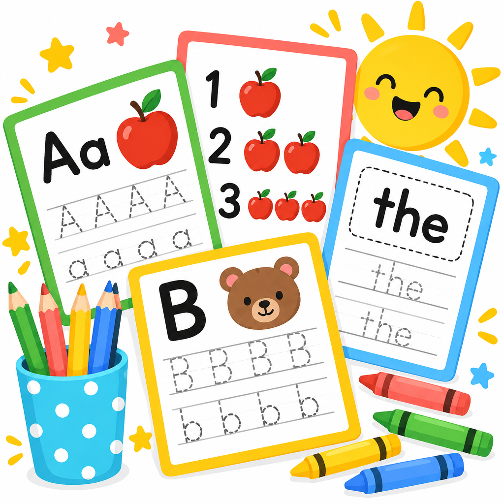 Printable learning worksheets with pencils and crayons